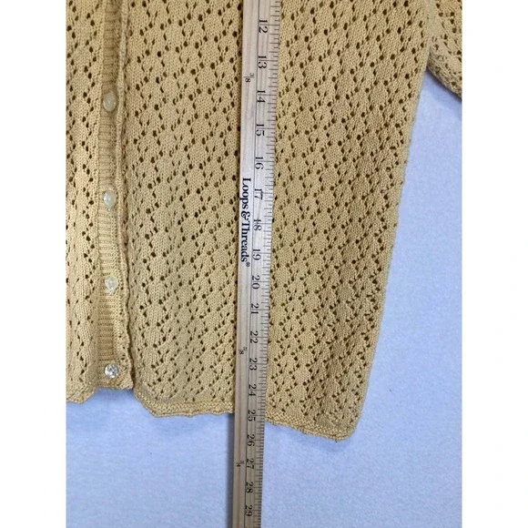Vintage Basic Editions Women Large Yellow Crochet Knit Short Sleeve Cardigan - Picture 7 of 8
